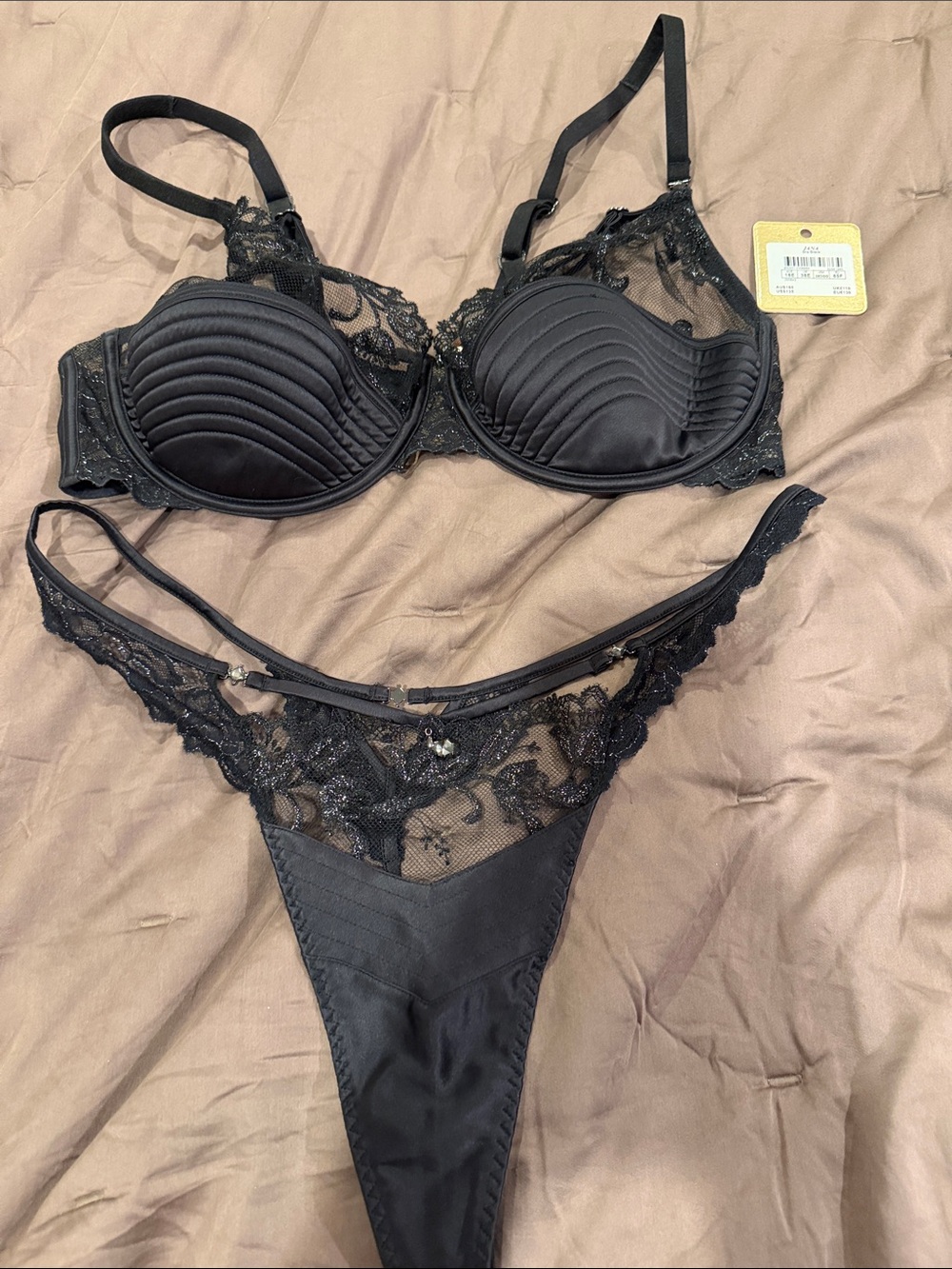 Honey Birdette Jana Black Lace Underwire Bra & Thong Set